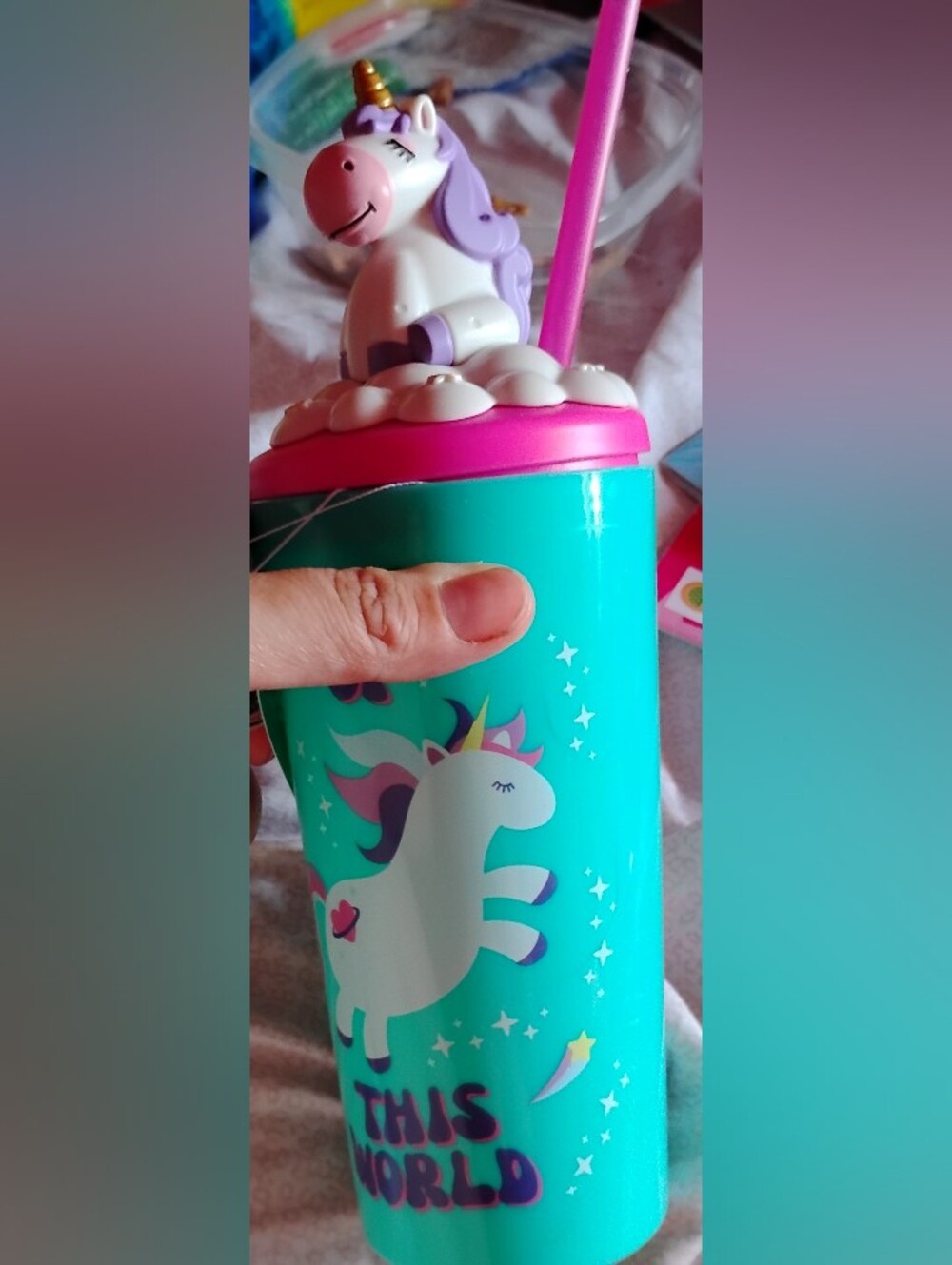 Unicorn Sipper Cup with Unicorn Head Lid With a Hot Pink Straw - Teal & Pink